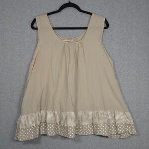 Talia Benson Women XXL Cotton Tank Top Tan Beige Polka Dot Ruffle Hem Italy